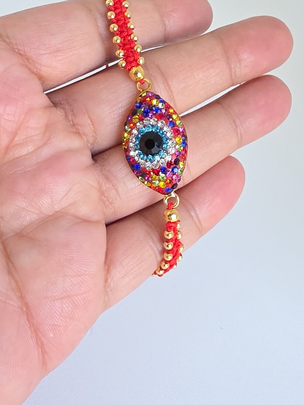 Adjustable Red String Evil Eye Bracelet Gold Beads Rainbow Crystal Protection - Picture 5 of 5